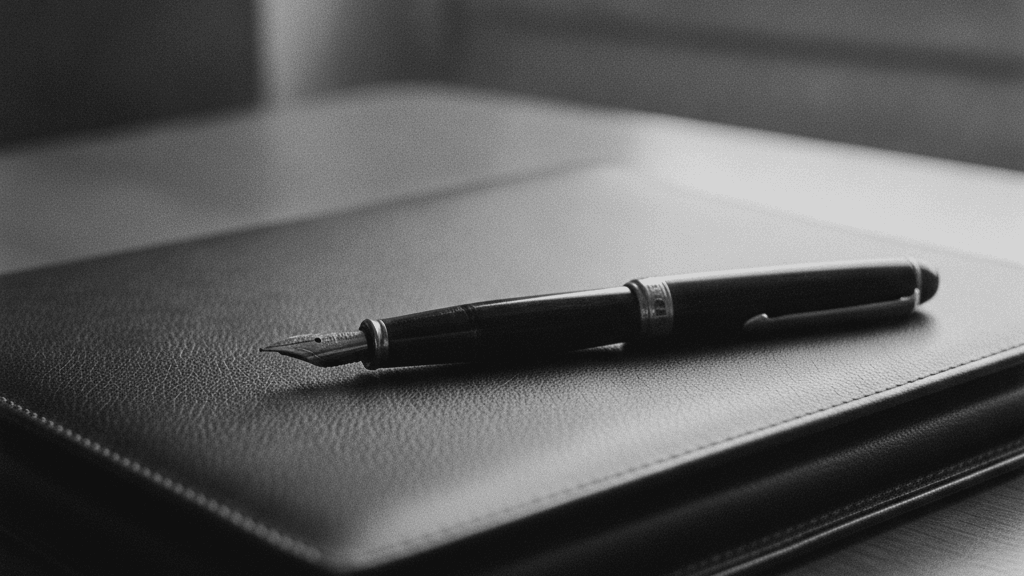 Stylo plume ancien posé sur un portefeuille en cuir fermé, lumière matinale oblique, décision de gestion fiscale