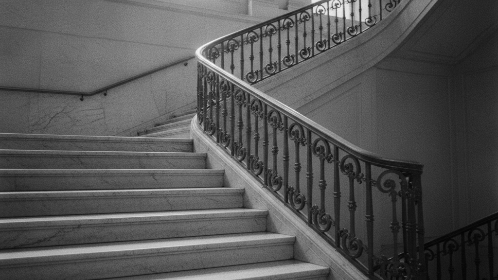 Grand escalier de marbre s'élevant dans un bâtiment institutionnel classique avec rampe en bronze, Conseil d'État