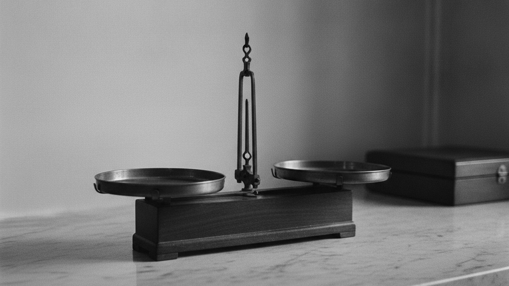 Balance d'apothicaire ancienne sur une surface de marbre, deux plateaux légèrement penchés à des hauteurs différentes, arbitrage TFA versus régime réel